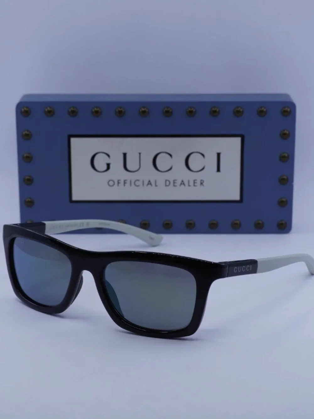 Gucci GG1735S 002 Rectangle Sunglasses - Black/White \ Blue Mirror